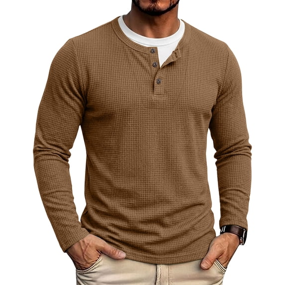 CQONEPT Mens Henley Sweater Long Sleeve Waffle Button Up Tunic Tee Casual Knit Pullover Soft Stretch Fall Winter Tops Coffee 3XL