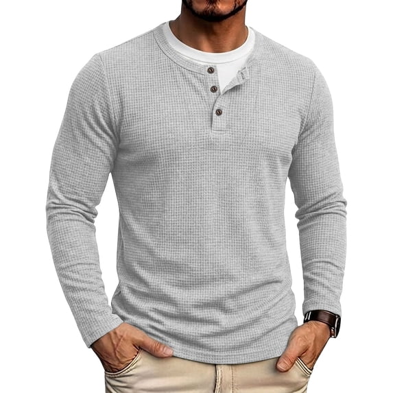 CQONEPT Mens Henley Sweater Long Sleeve Waffle Button Up Tunic Tee Casual Knit Pullover Soft Stretch Fall Winter Tops Gray XL