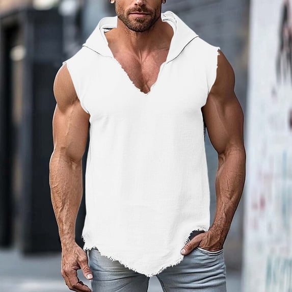 CQONEPT Mens Hooded Tank Top Sleeveless Hoodies Lightweight Casual Gym Workout Shirts UPF 50+ Muscle Tee Shirt White L