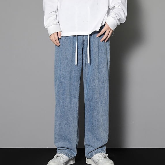 CQONEPT Mens Jean Wide Leg Casual Drawstring Loose Fit Denim Pants Summer Trendy Y2K Streetwear Pants with Pockets Blue 3XL
