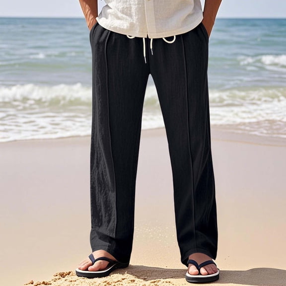 CQONEPT Mens Linen Cotton Pants Baggy Lounge Elastic Waist Pant Drawstring Lightweight Stretch Trousers with Multi Pockets Black XL