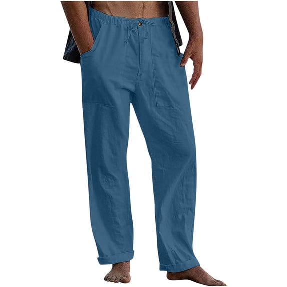 CQONEPT Mens Linen Cotton Pants Big and Tall Lightweight Casual Pant Skinny Leg Elastic Waisted Outdoor Trousers with Pockets Sky Blue XXL