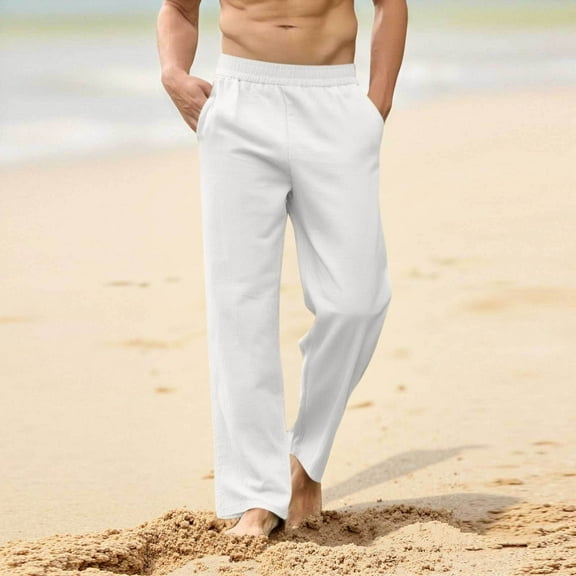 CQONEPT Mens Linen Cotton Pants Elastic Waist Wide Leg Stretchy Pants Baggy Lerisure Casual Trousers with Pockets White M