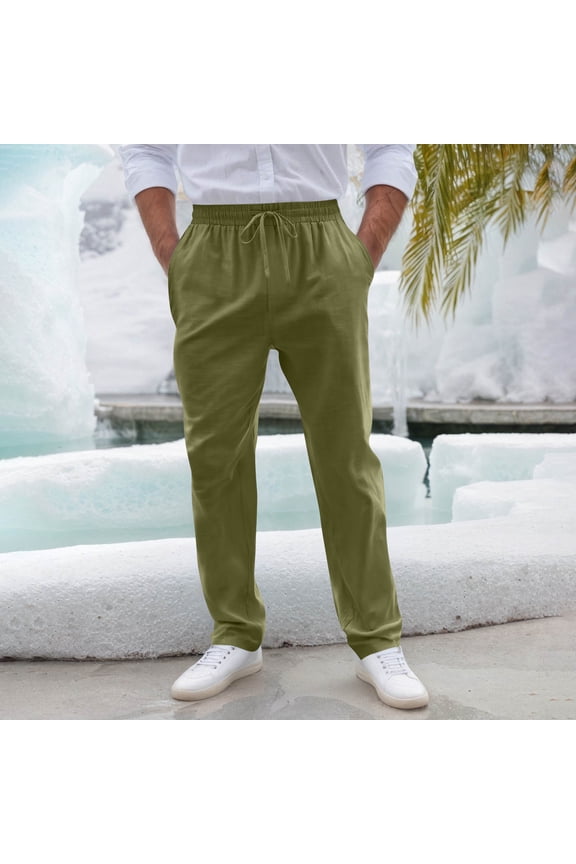 Mens Linen Cotton Pants Lerisure Loose Fit Drawstring Pant Elastic Waist Lightweight Trousers with Pockets Army Green XL