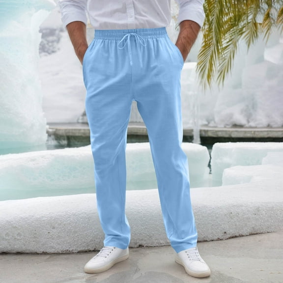 CQONEPT Mens Linen Cotton Pants Lerisure Loose Fit Drawstring Pant Elastic Waist Lightweight Trousers with Pockets Sky Blue M