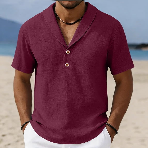 CQONEPT Mens Linen Shirts Button Down Vacation Shirts Summer Beach Short Sleeve Shirts for Men Basic Top Red S