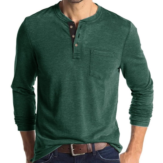 CQONEPT Mens Long Sleeve Shirts Henley Crewneck Pullover Tops Lightweight Tunic Tops Casual Clothes with Pockets Green XL