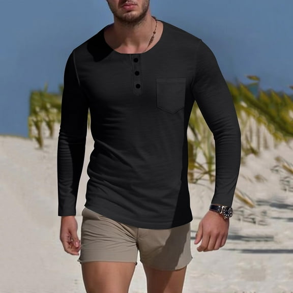 CQONEPT Mens Long Sleeve Tops Scoop Neck Button Tees Skinny Comfy Undershitrts Casual Loose Shirts with Pockets Black S