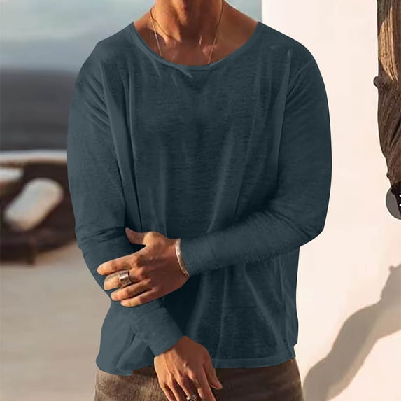 CQONEPT Mens Long Sleeve Tops Scoop Neck Casual Undershitrts Comfortable Basic Fall Fashion Pullover Tops Navy M