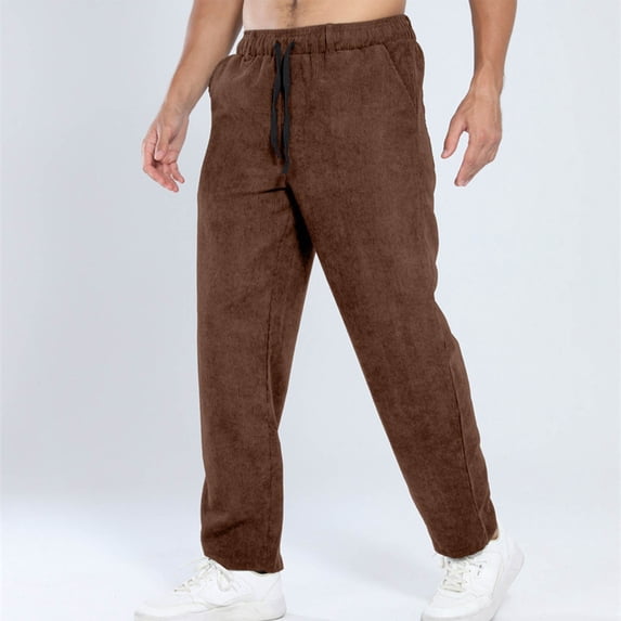 CQONEPT Mens Pants Elastic Waist Lounge Loose Fit Drawstring Pant Sports Outdoor Running Trousers with Pocket Brown L