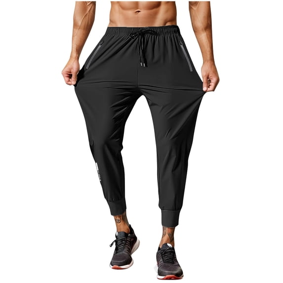 CQONEPT Mens Pants Quick Dry Breathable Athletic Jogger Pant Drawstring Lightweight Cycling Trousers with Zip Pockets Black L