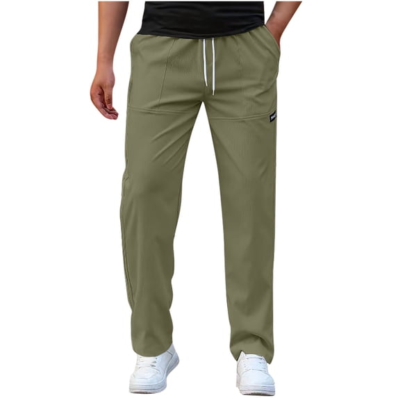 CQONEPT Mens Pants Straight Leg Casual Drawstring Pant Comfy Workouts Stretch Lightweight Pants with Pockets Army Green M
