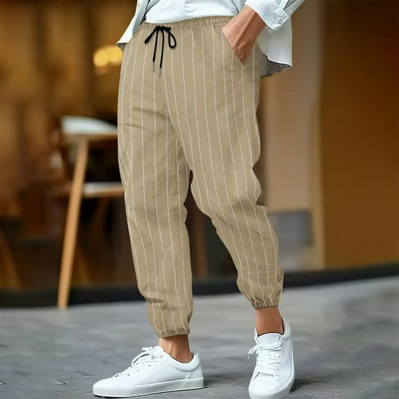 CQONEPT Mens Pants Stripe CasualLoose Fit Tapered Pant Elastic Waist Drawstring Fall Fashion Pants with Pockets Khaki M