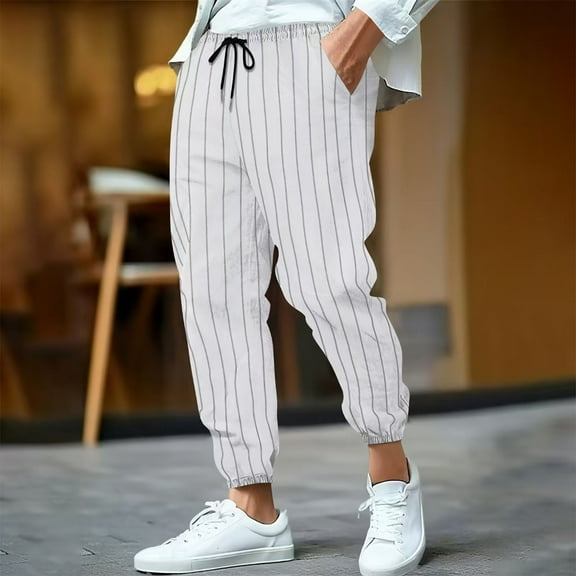 CQONEPT Mens Pants Stripe CasualLoose Fit Tapered Pant Elastic Waist Drawstring Fall Fashion Pants with Pockets White M