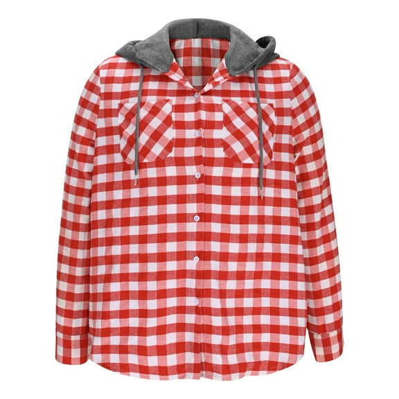 CQONEPT Mens Plaid Shackets Dressy Casual Hooded Sherpa Lined Sweatshirts Fall Fashion Drawstring Hoodies Red L