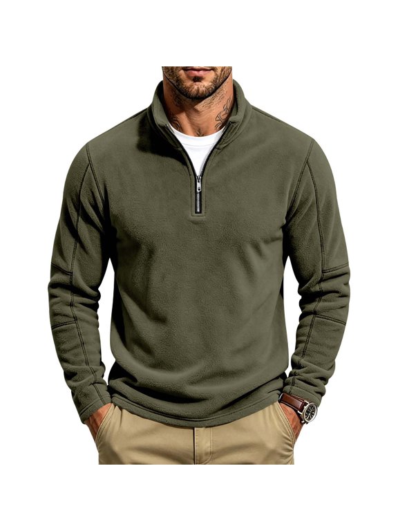 Mens Quarter Zip Fleece Sweatshirt with Pocket Mock Neck Collar Pullover Top Offic Worko Long Sleeve Business Casual Office Wear Fall Winter Army Green S
