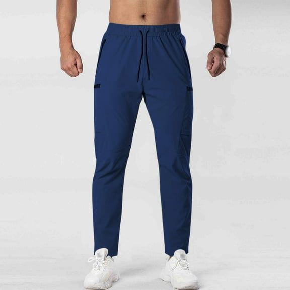 CQONEPT Mens Quick Dry Pants with Zip Pockets Breathable Athletic Running Pant Hiking Travel Outdoor Drawstring Pants Navy L