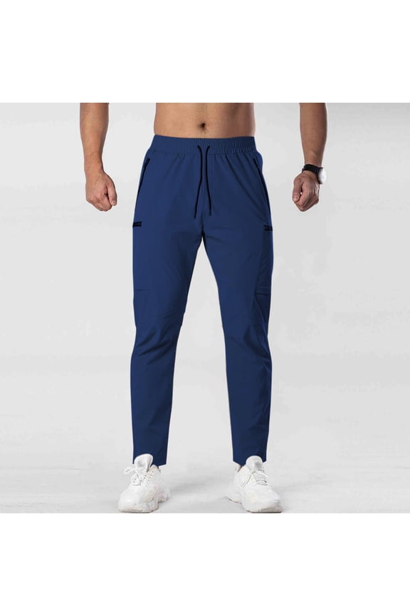 Mens Quick Dry Pants with Zip Pockets Breathable Athletic Running Pant Hiking Travel Outdoor Drawstring Pants Navy M