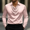 thumbnail image 1 of CQONEPT Mens Satin Silk Shirts Pleated Lapel Neck Blouse Long Sleeve Shirts Fashion Trendy Pullover Tops Pink L, 1 of 5