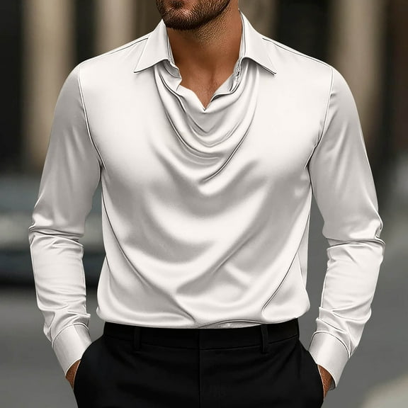 CQONEPT Mens Satin Silk Shirts Pleated Lapel Neck Blouse Long Sleeve Shirts Fashion Trendy Pullover Tops White M