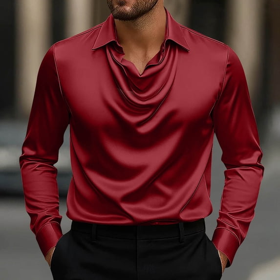 CQONEPT Mens Satin Silk Shirts Pleated Lapel Neck Blouse Long Sleeve Shirts Fashion Trendy Pullover Tops Wine L
