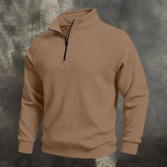 CQONEPT Mens Solid 1/4 Zip Sweatshirt Long Sleeve Jacquard Collared Pullover Classic Business Casual Fall Fashion Tops Khaki S