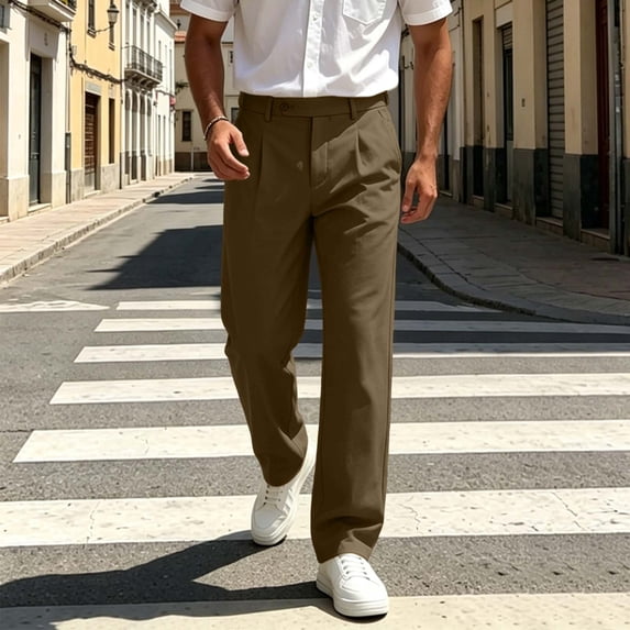 CQONEPT Mens Straight Leg Dress Pants Loose Fit Pant Business Casual Office Slack Trousers with Pockets Coffee 2XL