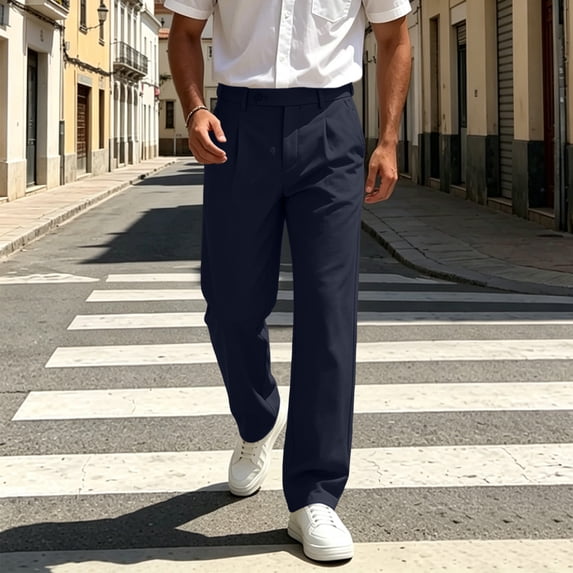 CQONEPT Mens Straight Leg Dress Pants Loose Fit Pant Business Casual Office Slack Trousers with Pockets Dark Blue XL
