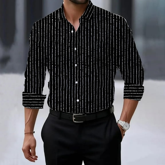CQONEPT Mens Stripe Blouse Smocked Cuffed Office Casual Shirts Lapel Neck Button Down Tops Classic Fit Clothes Black L