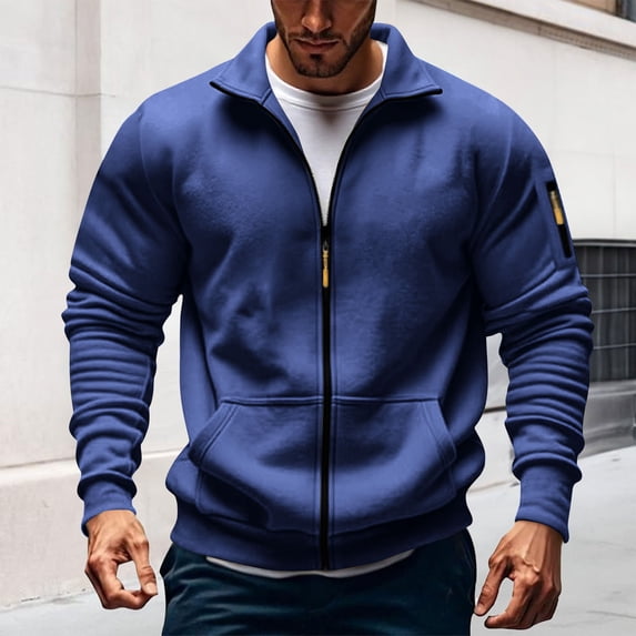 CQONEPT Mens Sweatshirts Full Zip Turtleneck Sweatshirts Outdoor Shackets Casual Clothes with Pockets Blue S