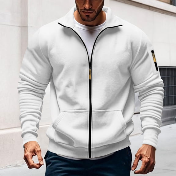 CQONEPT Mens Sweatshirts Full Zip Turtleneck Sweatshirts Outdoor Shackets Casual Clothes with Pockets White L