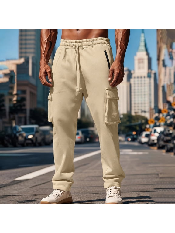 Mens Tactical Pants Fleece Lined Drawstring Elastic Waist Sweatpants Hiking Running Cargo Pants with Multi Pockets Beige L