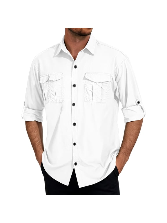 Mens UPF 50+ Long Sleeve Shirts Safari Hiking Quick Dry UV Protection Tops Button Down Workwear Travel Shirt for Fishing White L
