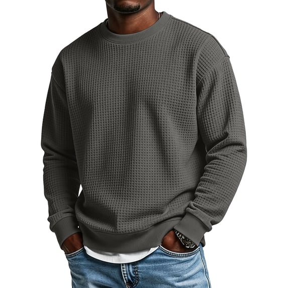 CQONEPT Mens Waffle Sweater Crewneck Knit Sweaters Casual Textured Sweaters Fall Winter Sports Outdoor Pullover Dark Gray XL