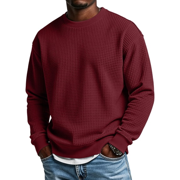 CQONEPT Mens Waffle Sweater Crewneck Knit Sweaters Casual Textured Sweaters Fall Winter Sports Outdoor Pullover Wine L