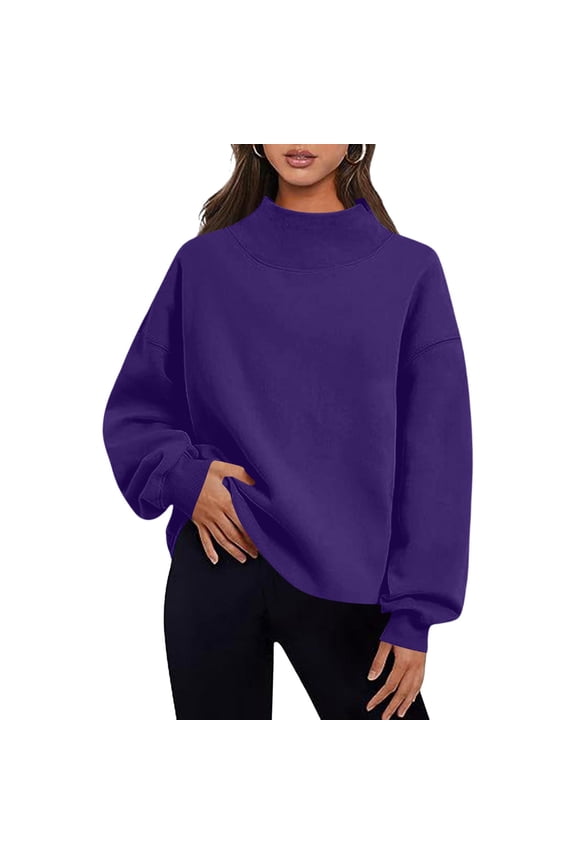 Mock Neck Sweatshirt for Women Comfortabe Turtle Necks Sweatshirts Fleece Pullover Top Tunic Fall Winter Tops Purple S