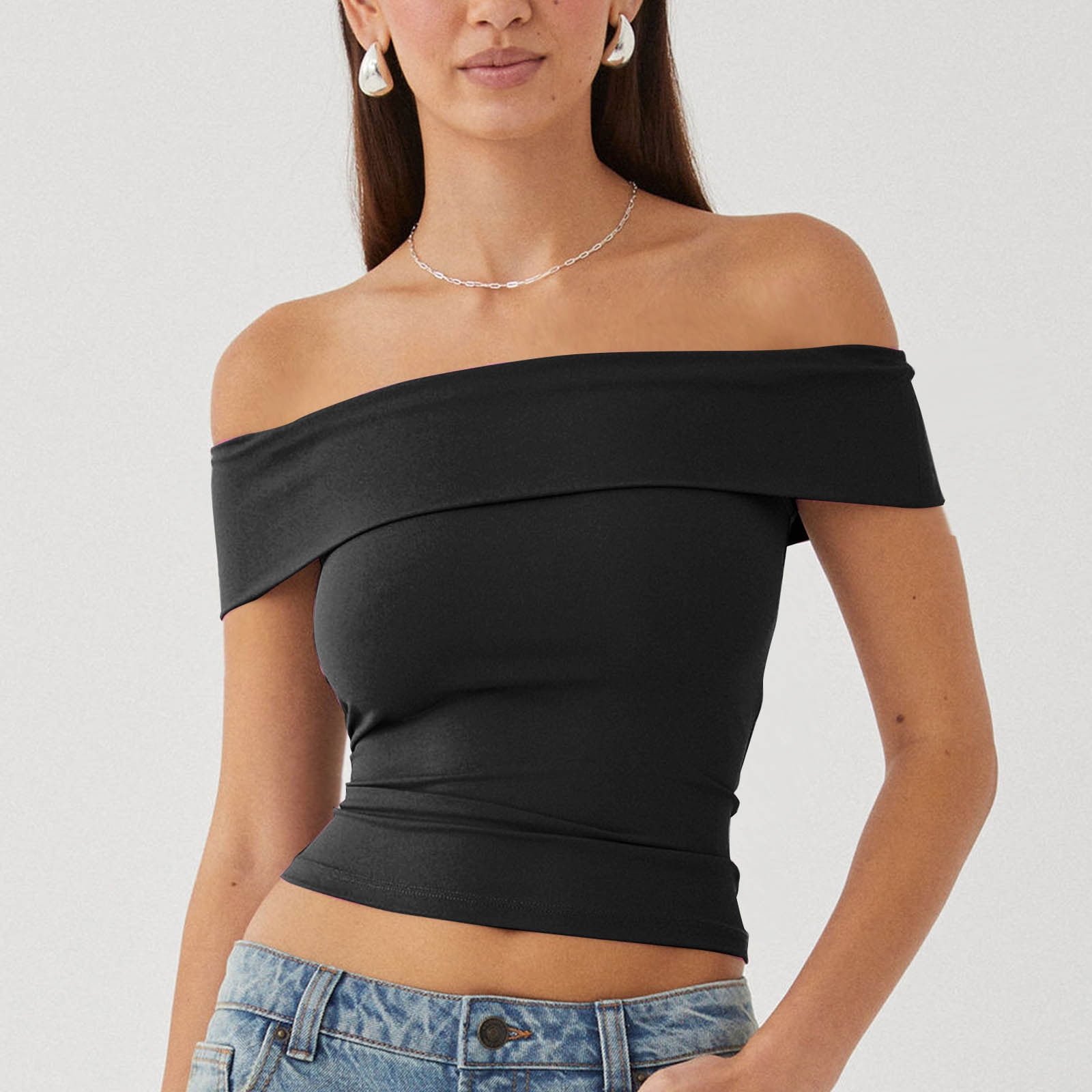 CQONEPT Off The Shoulder T Shirt for Womens Short Sleeve Slim Fit ...