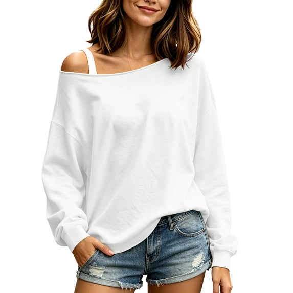 CQONEPT Off The Shoulder Tops for Women Lightweight Pullover Sweatshirt Drop Shoulder Long Sleeve Loose Casual Fall Pullover Shirts White 2XL