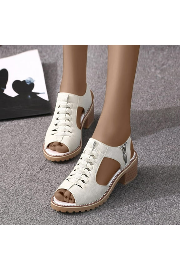 Open Toe Ankle Strap Sandal – Western Bootie Stacked Heel -Chunky High Heels Booties - Open Toe Cutout Shoes - Mid Heel Dress Pumps Shoes Size 6.5 White