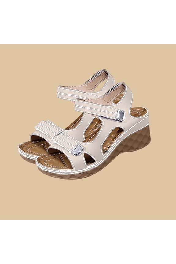 Orthopedic Wedge Sandals for Women with Arch Support Open Toe Low Heel Wedges Sandals with Ankle Strap Wide Width Vacation Shoes Beige 36