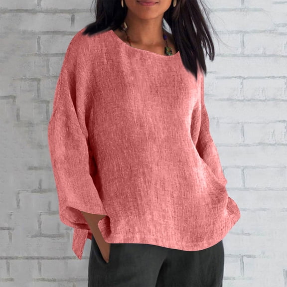 CQONEPT Oversize Blouse for Womens Linen Cotton Long Sleeve Shirts Dressy Casual Crewneck Tunic Tops Pink L