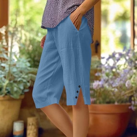 CQONEPT Oversize Capris Pants for Womens Straight Leg Short Pants with Pockets Side Slit Buttons Summer Shorts Sky Blue S