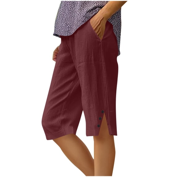 CQONEPT Oversize Capris Pants for Womens Straight Leg Short Pants with Pockets Side Slit Buttons Summer Shorts Wine XL