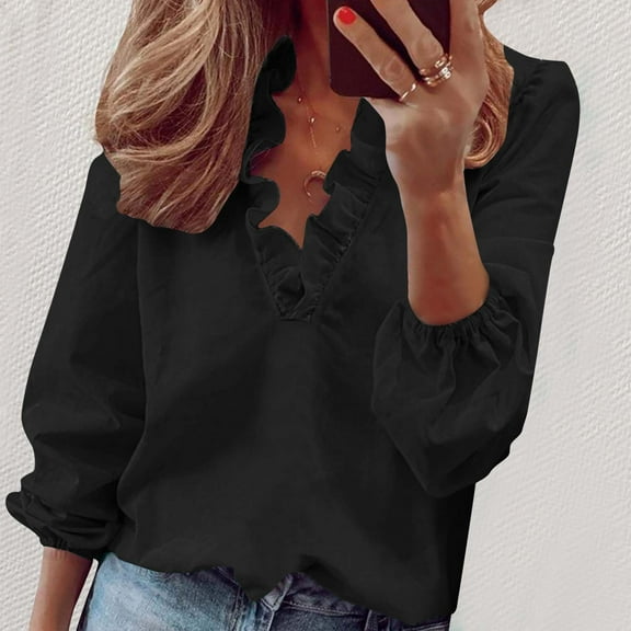 CQONEPT Oversize Tops for Womens Color Block V Neck Long Sleeve Shirts Lounge Pullover Cute Outdoor Blouse Black L