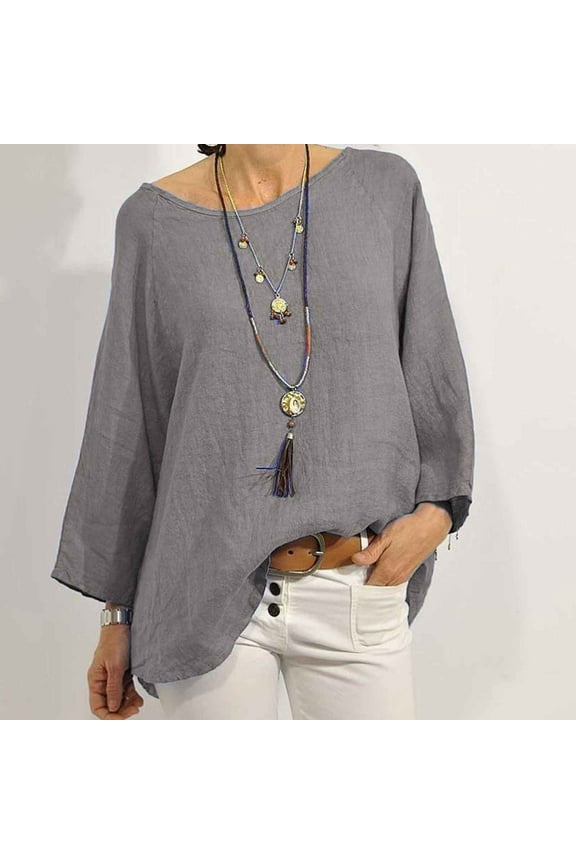 Oversize Tunic Tops for Women Scoop Neck 3/4 Sleeve Shirts Fall Fashion Pullover Solid Color Shirts Gray XL