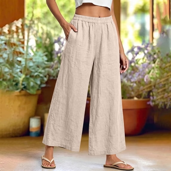 CQONEPT Oversize Wide Leg Linen Pants for Women Fall Fashion Drawstring Elastic Waist Flowy Lounge Pant Loose Fit Dressy Trousers with Pockets Beige 4XL
