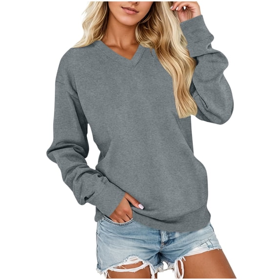 CQONEPT Oversized Women V Neck Sweatshirt Loose Puff Long Sleeve Tops Soft Trendy Fashion Fall Travel Workout Pullover GrayXL