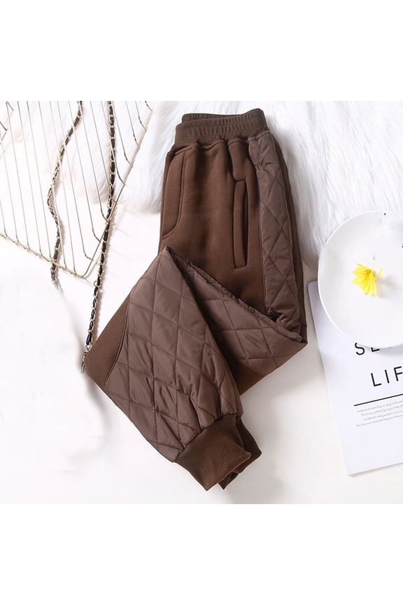 Padded Pants for Womens Quilted Puffer Pant Thicken Fashion Cozy Warm Winter Trousers with Pockets Coffee M