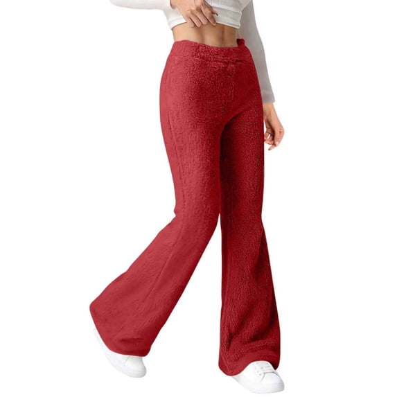 CQONEPT Pants for Women Casual Knit Straight Leg Drawstring Trousers Comfy Lounge Ribbed Pant with Pockets Red L