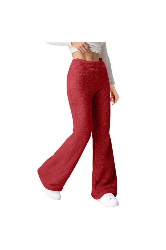 Pants for Women Casual Knit Straight Leg Drawstring Trousers Comfy Lounge Ribbed Pant with Pockets Red M